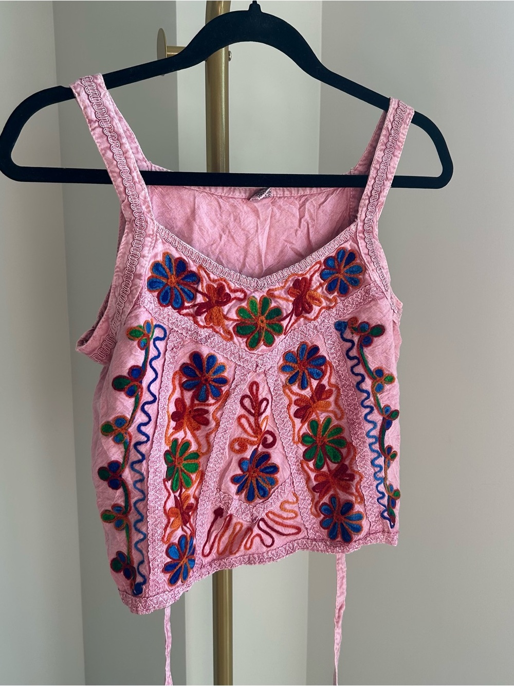 1990's Pink Boho Embroidered Floral Tie Back Top - Picture 6 of 6